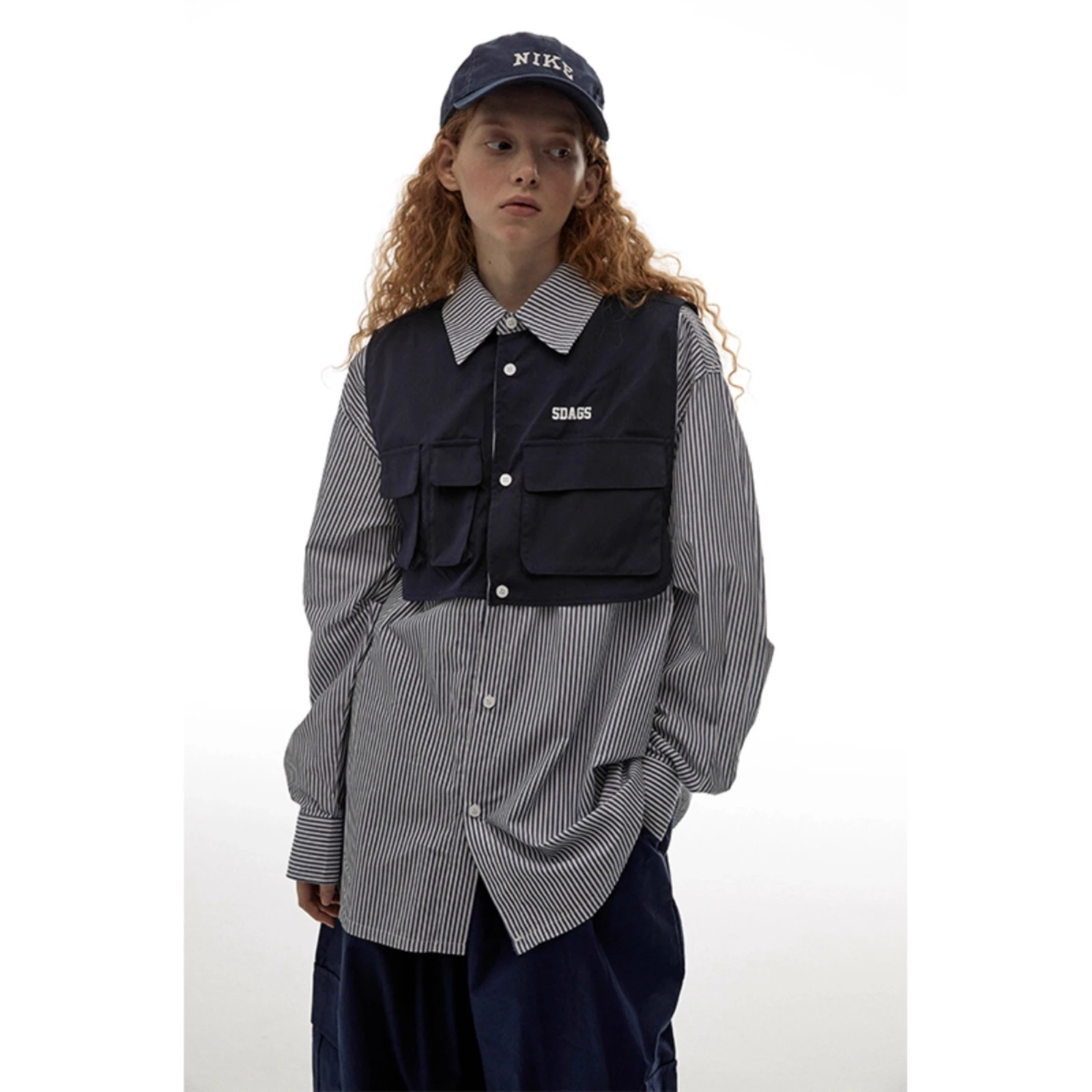 

Extra Large 300 Pou American Sle Long Sve Loose Men's irt Fake Two-Piece Vest Faionable Versatile Casual Top