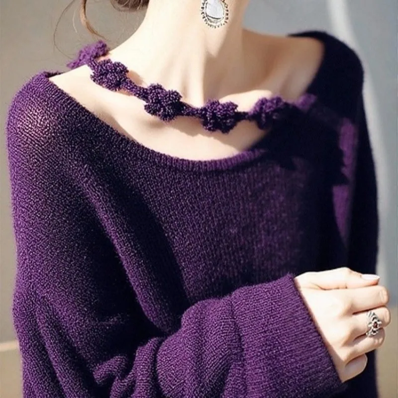

Женский свитер из трикотажа фиолетового цвета, новинка 2026 года, в стиле «ленивый шик», с корейским шармом, для весны и осени