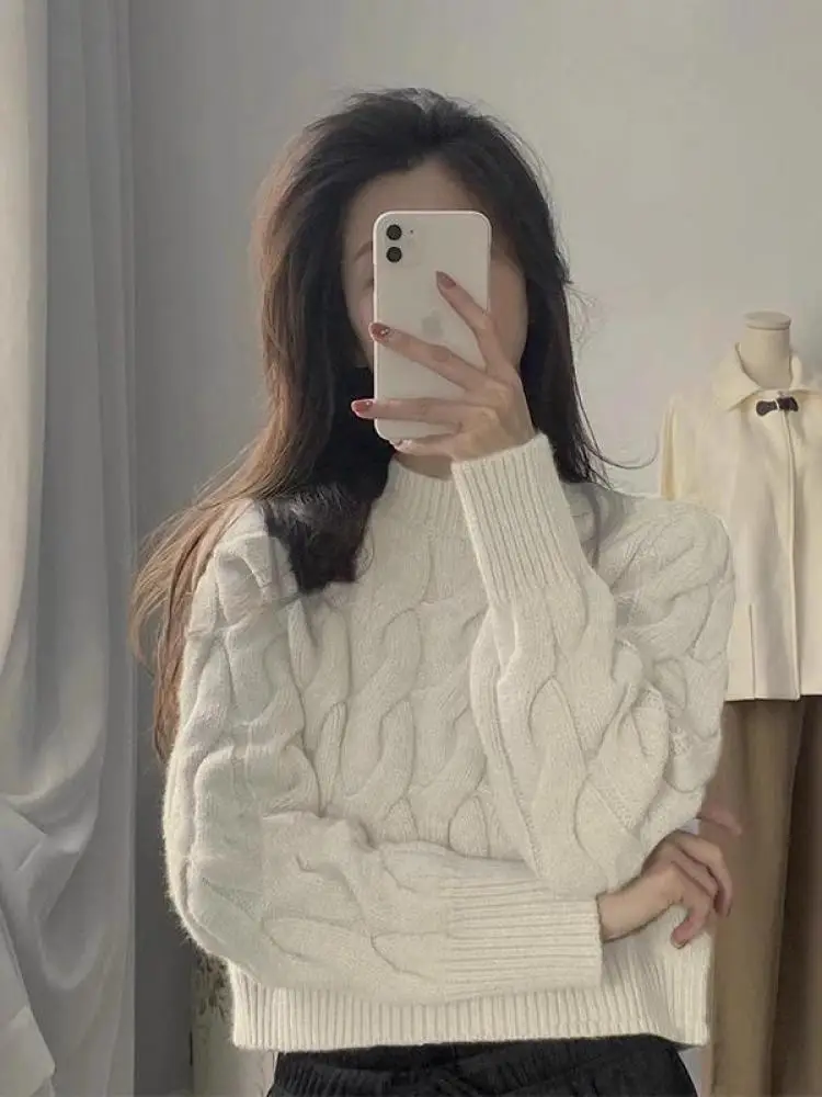 

Осень-зима, корейский черный, белый цвет, офисный пуловер с полувысоким воротником, новый свитер, женский повседневный праздничный короткий вязаный топ цвета хаки