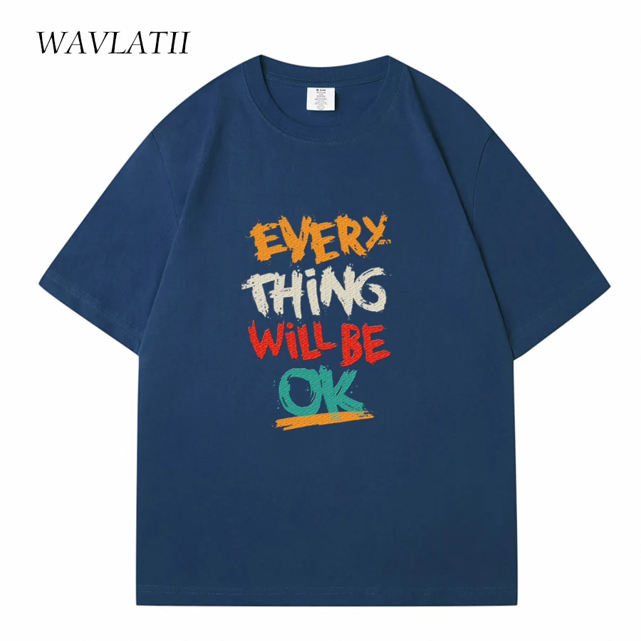 WAVLATII Women New Casual Summer T shirts Female Simple Printed Dark Blue Tees Lady Oversized Short Sleeve Tops for Young WT2340