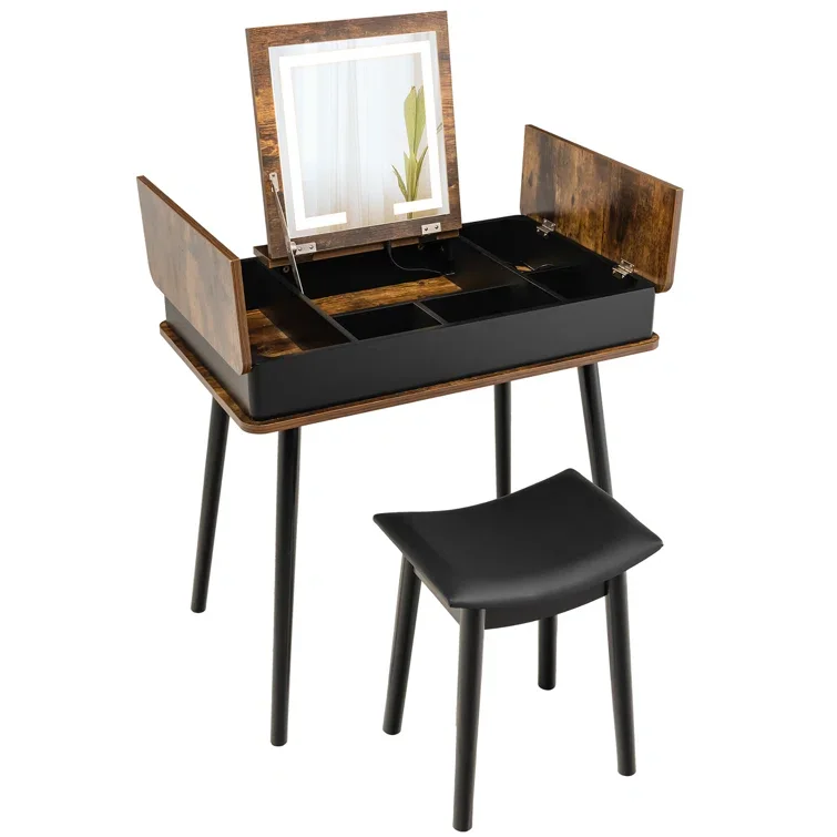 Wood Vanity Set with Flip Top Mirror Makeup Table Built-in 3 Colors LED Light Bar Dressing Table for Bedroom Makeup Vanity Set