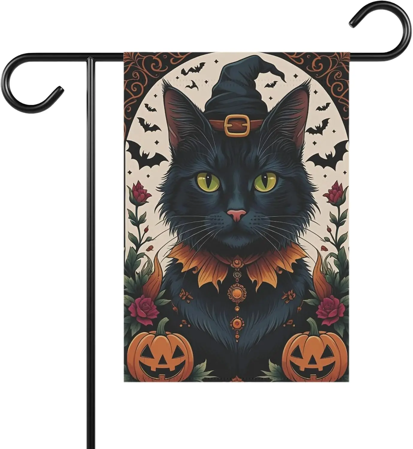 Black Cat Witch Hat Green Eye Pumpkin Bat 12x18 Double Sided Halloween Flag | Witch Hat Black Cat Pumpkin Double-Sided Oxfor uui