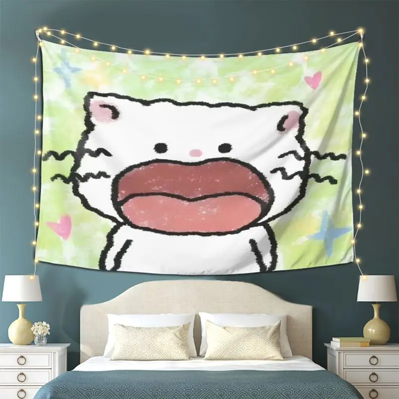 VIKAMA Adorable And Quirky Cat Tapestry, Cartoonish Little Cat Wall Hanging For The Wall, Bedroom Home Decor Background Element