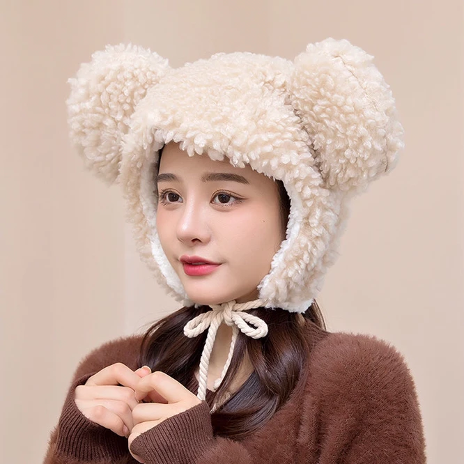 Winter Women Warm  Plush Thickened Cute Bear Hat Imitation Cashmere Girl Outdoor Cartoon Hat Interesting And Novel Black