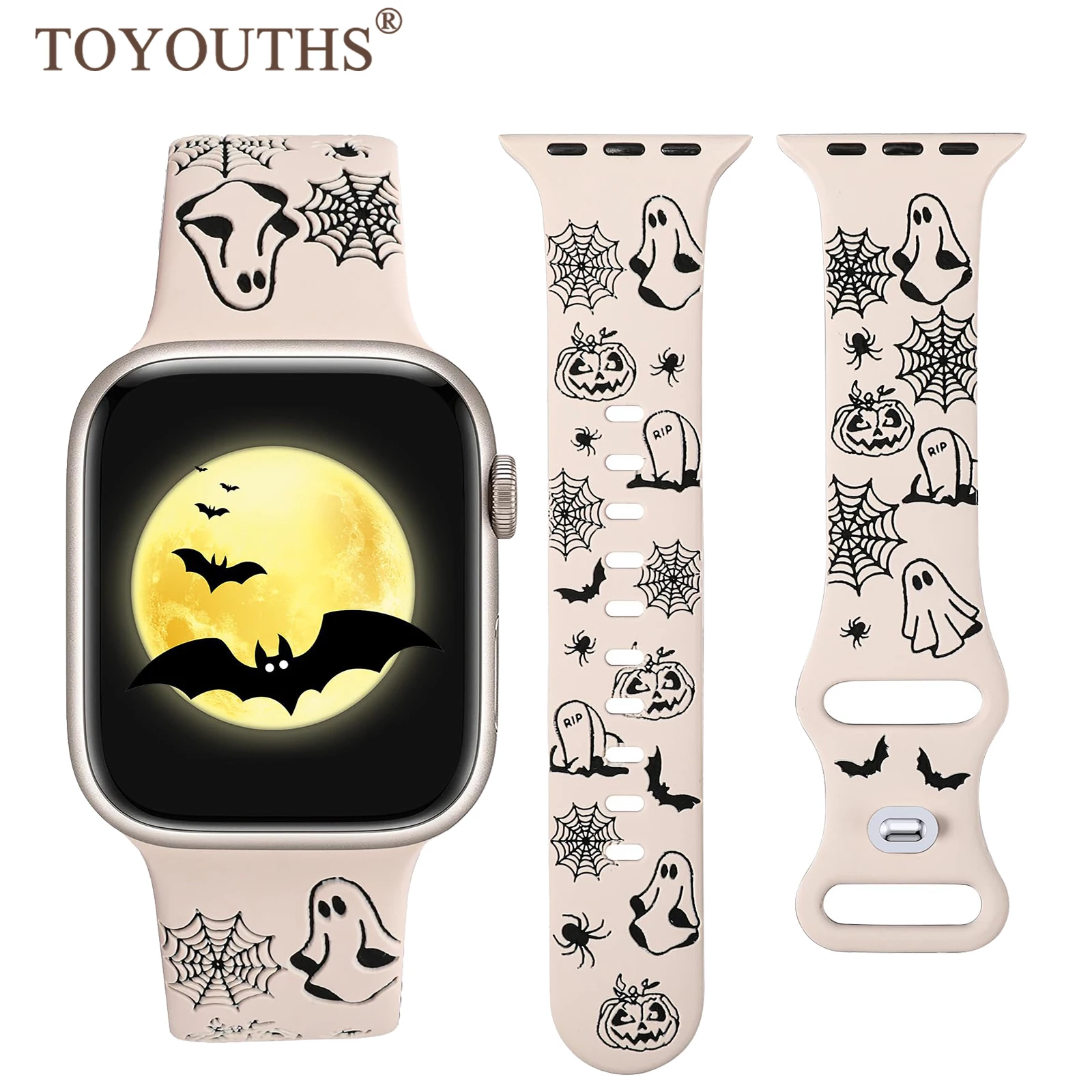 

TOYOUTHS Halloween Floral Engraved Band for Apple Watch Band 45mm 40mm Silicone Strap for iWatch Ultra 9/8/7/SE/6/5/4/3/2/1