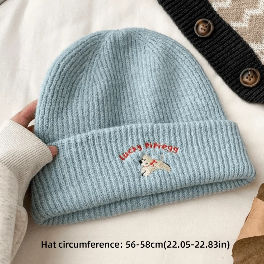 Fashion Puppy Embroidery Winter Knitted Hat Thicken Winter Warm Beanie Cap Windproof Soft Crochet Bonnet Hat
