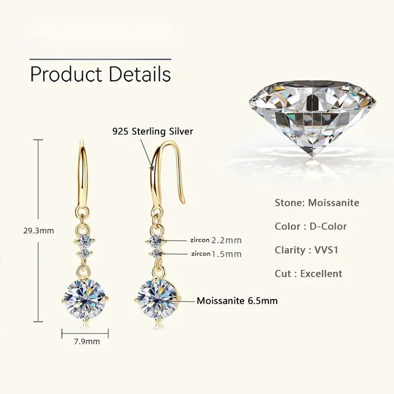 JOIASHOME Minimalist 925 Sterling Silver moissanite Women's Earrings VVS1 Long Drop Earrings 1CT With Certificate Luxury Jewelry