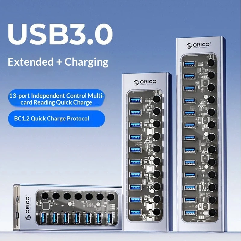 Orico 10 Port Usb 3.0 Hub With Individual Power Switches Bc1.2 Fast Charging 48w Power Adapter For Laptop Pc Mobile Hard Drive