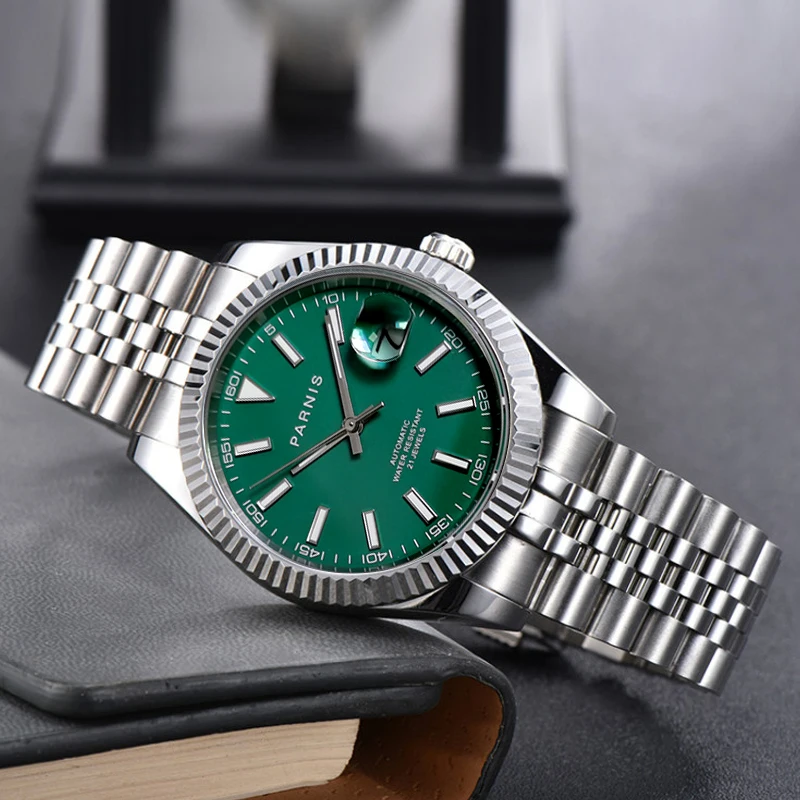 

New Luxury Parnis 39.5mm Green Dial Men's Watch Calendar Miyota 8215 Movement Automatic Mechanical Wrist Watches For Men Gift