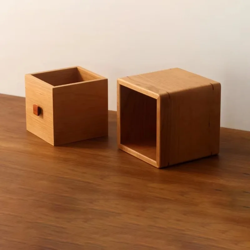 Mini Solid Cherry Wood Desktop Storage Box with Drawer, Small Wooden Desk Organizer, Red Hardwood Handle