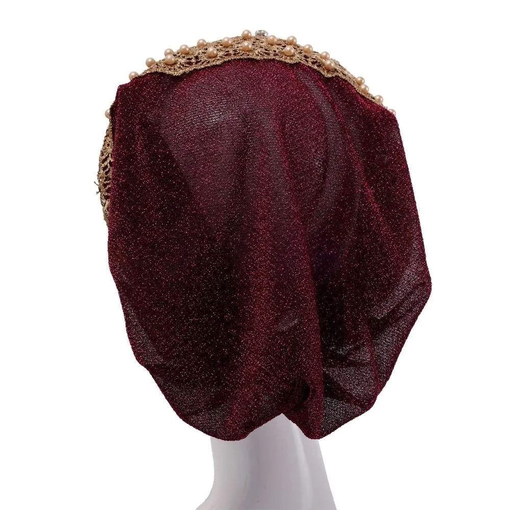 Comfortable Embroidery Women's Lace Turban Cap Lace Trim Floral Pattern Muslim Headscarf Cap Bonnet Head Wraps Women