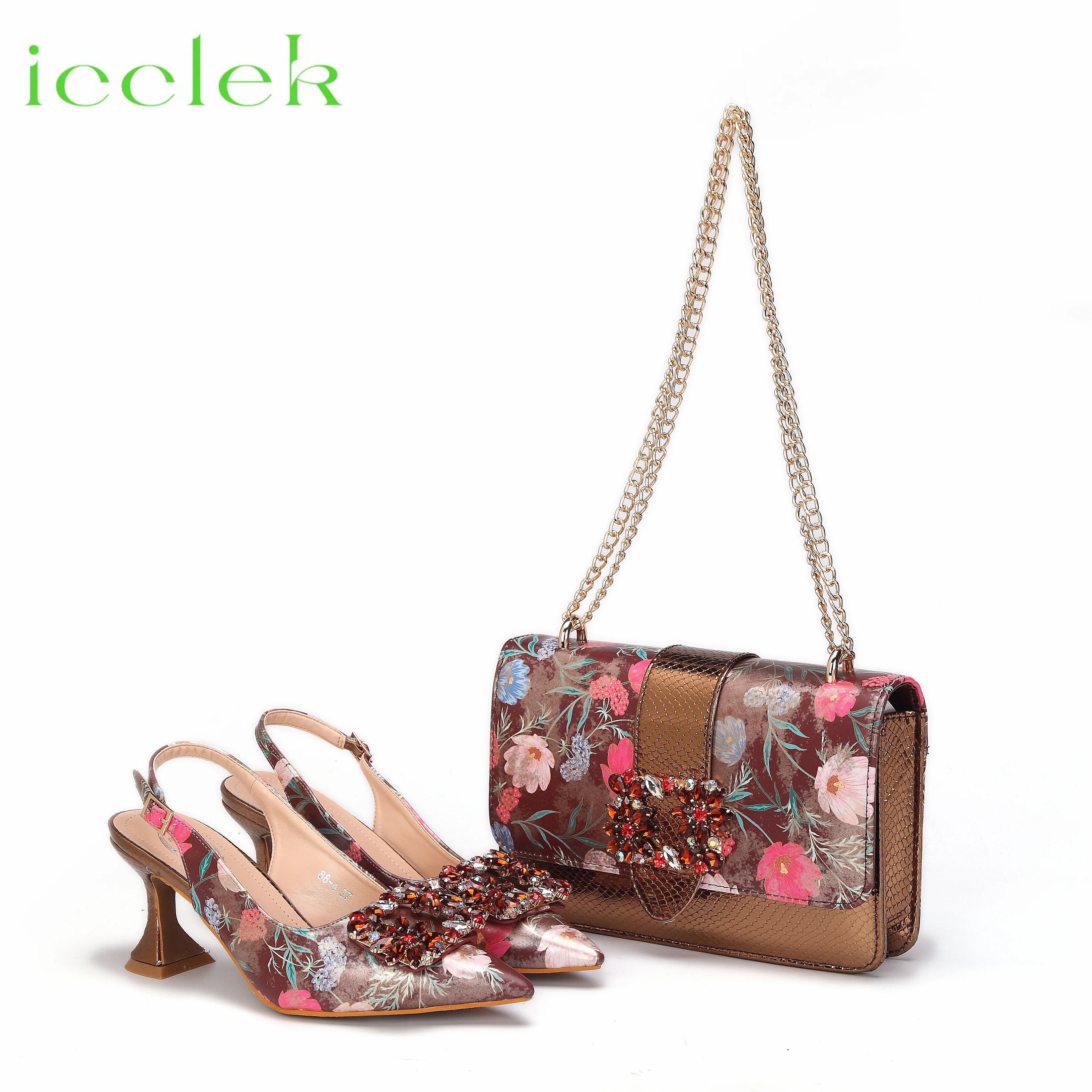 Women High Heels Sandals Printing Flower Material with Rhinestone Italian Design Coffee Color Pointed Toe Shoes and Bags Set