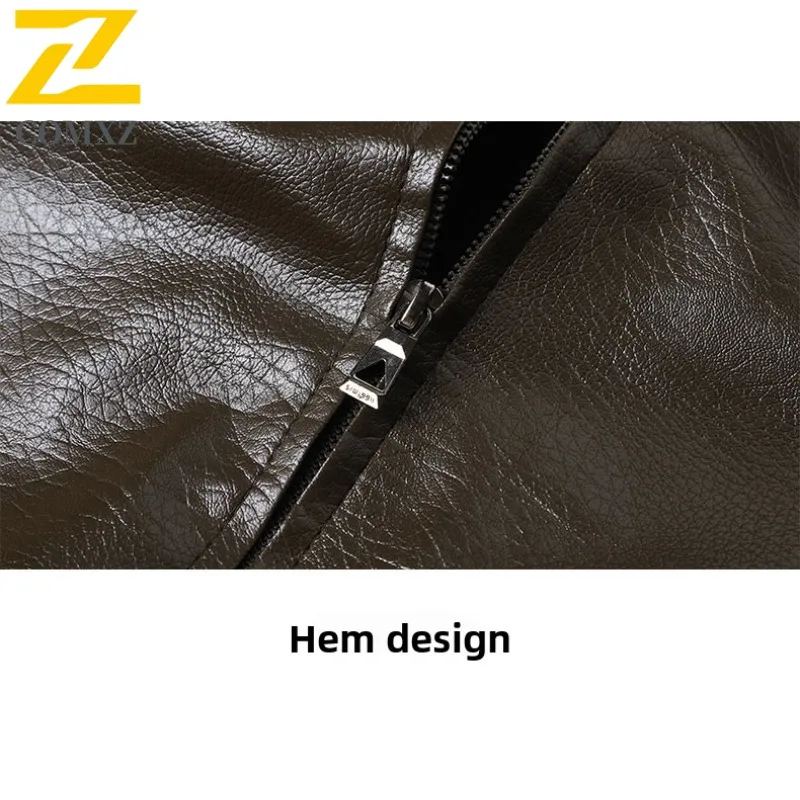 COMXZ 2025 Mens Winter Leather Jacket Fleece Lined Thick Warm Windproof Waterproof Fur Collar Business Coat for Middle Aged Men