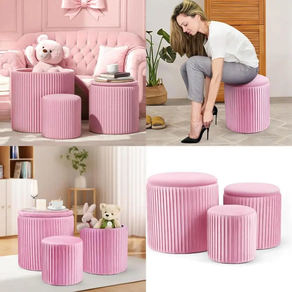 

Round Velvet Ottoman Set with Storage for Living Room, 3-Piece Storage Ottomans, Bedroom Vanity Stool with Storage, Small Footre
