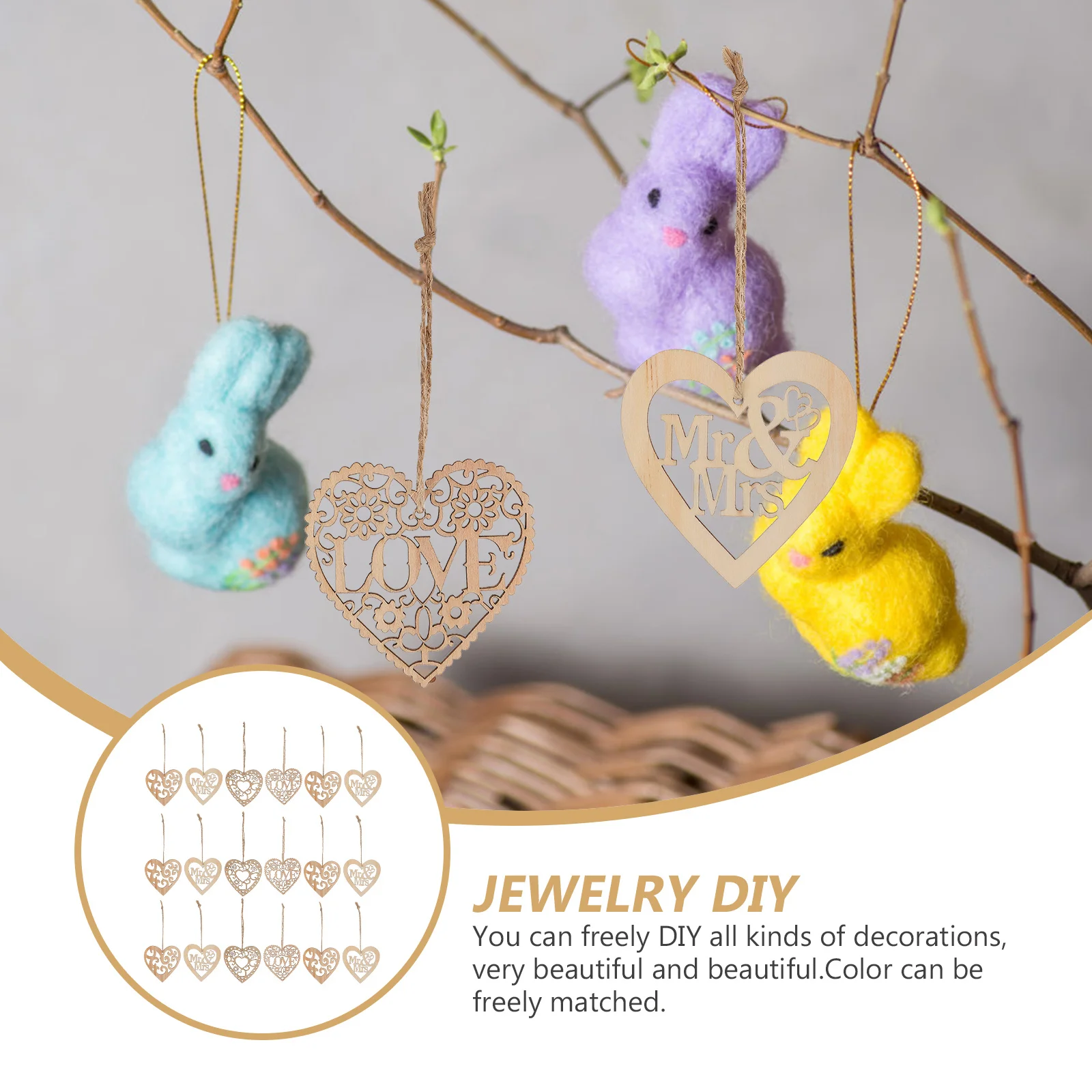 

40Pcs Heart Shape Wood Pendants DIY Wooden Hanging Ornaments Wedding Party Decoration Unfinished Wood Slices Craft Materials