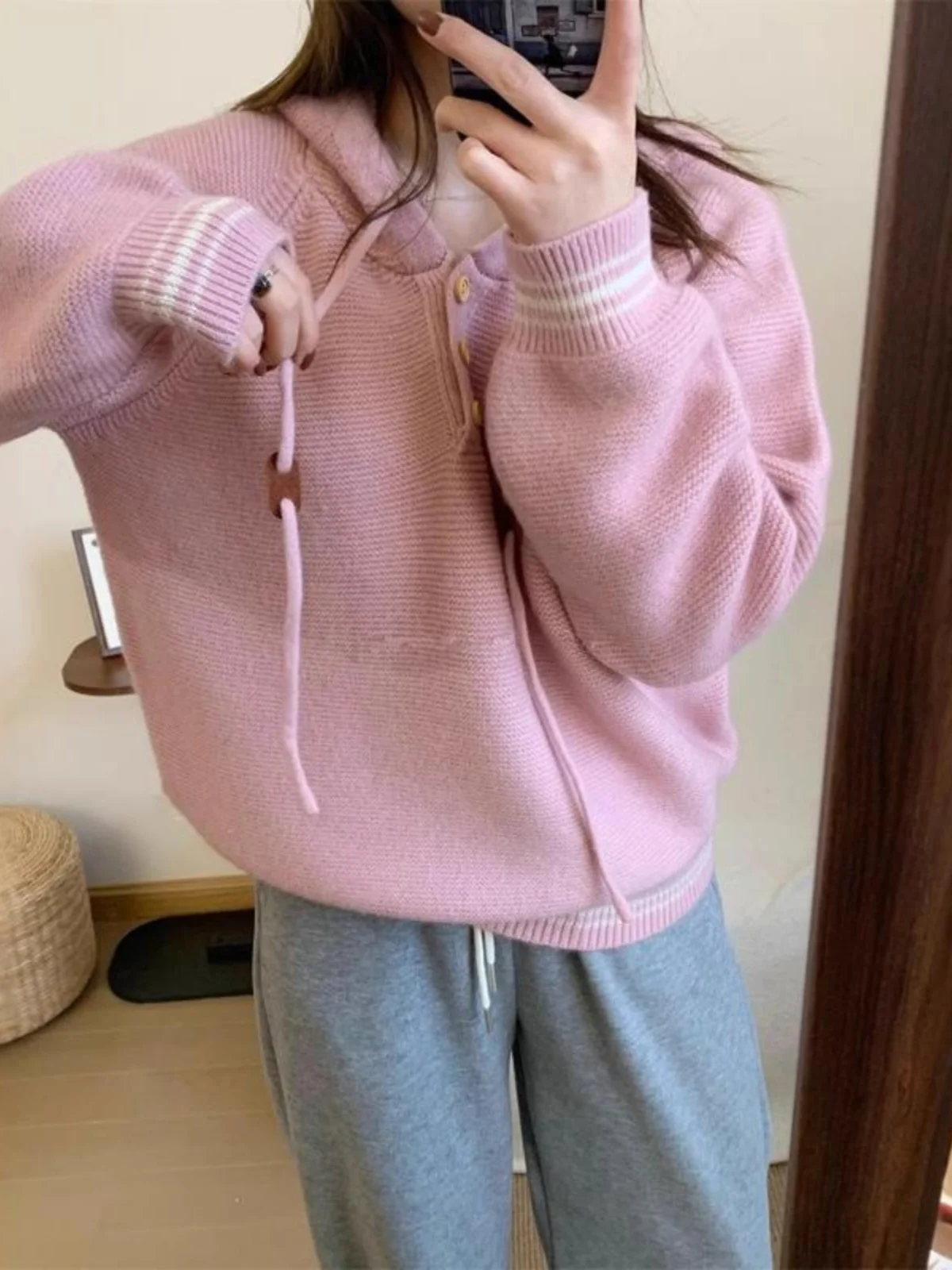 

Hooded Spor Knitted Sweater Women's Loose Fit Overhead Sle Autumn Winter New Faion Youthful College Sle Base Layer Sw...