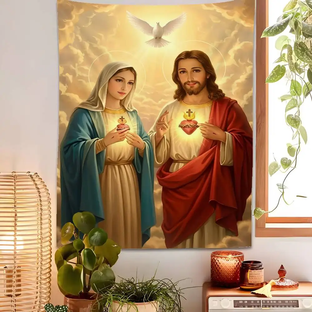 

Christian Virgin Mary Cross Tapestry Bedroom Living Bar Garden Outdoor Microfiber Festival Decoration Background Art Banner
