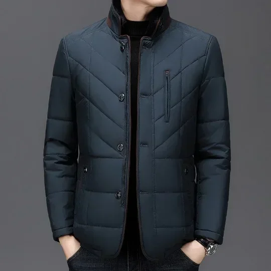 Men\'s Winter High-end Cotton Coat Jacket Mid-age Solid Color Stand Collar Thermal Protection Casual Style Cross-border Wear