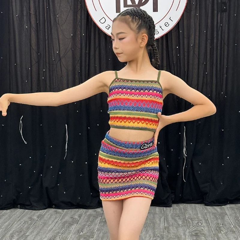 Vestito da ballo latino colorato Ragazze estive Sling Top Gonna avvolgente Set ChaCha Rumba Abiti da pratica Abbigliamento da ballo per bambini 3765