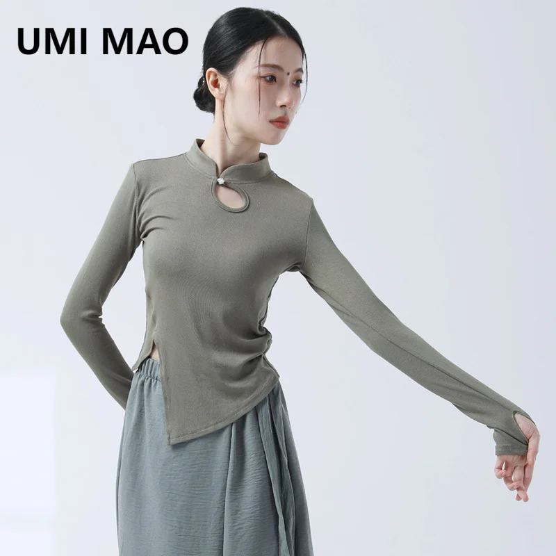 

UMI MAO Chinese Style V-neck Top Modern Dance Slit Slim Fit Cross Long Sleeved Finger Pointing Women's Artistic Examination