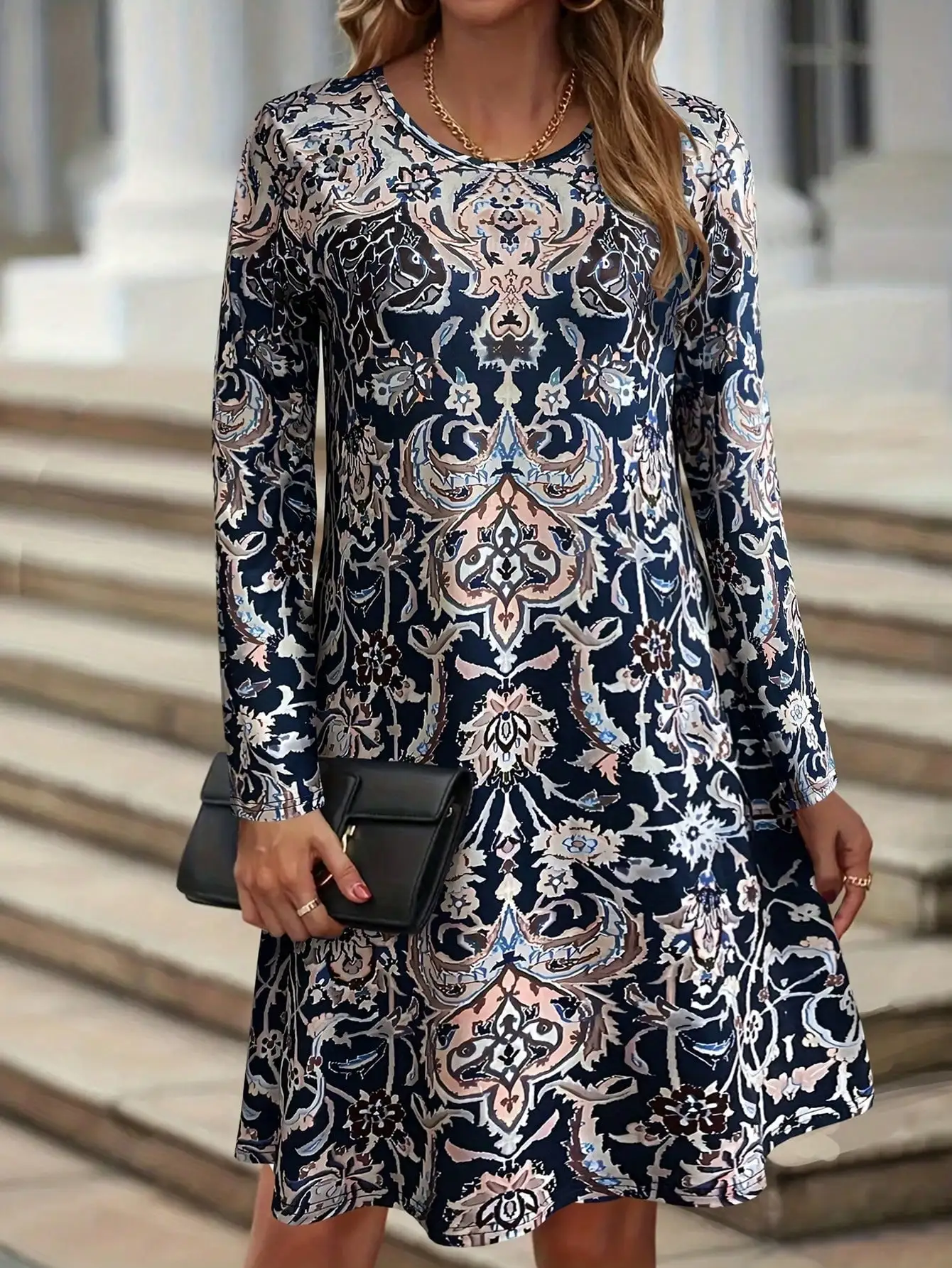 

Свободное платье с круглым вырезом и принтом по всей поверхности, винтажное платье с длинными рукавами на осень/зиму - женское платье ранней осени с длинными рукавами