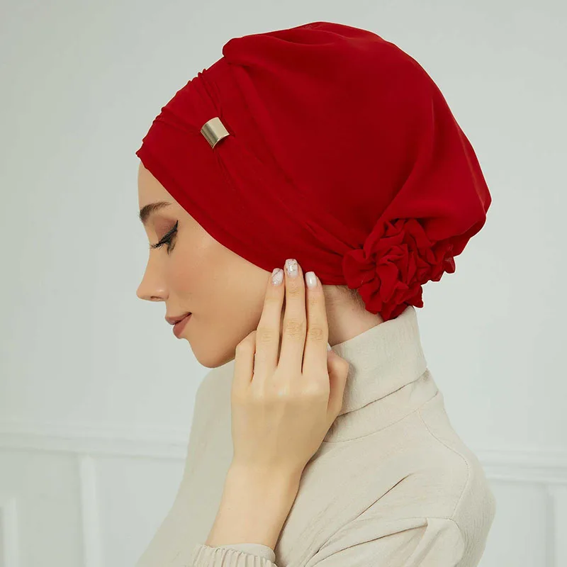 Solid Fashion Muslim Turban Women\'s Hat Hijabs Cotton Headscarf Metal Buckle Decoration New Design