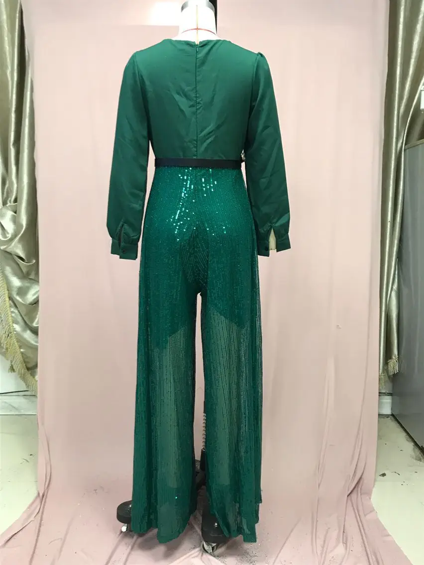 jumpsuit Women Spring Autumn, High-end V-neck Long Sleeved Shirt, Elegant Temperament, Cinched Waist, Sequins, French Wide Legs