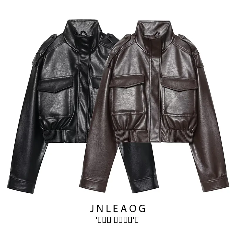 Faionable PU Leather Jaet Or Capispalla da donna Versatile Sle Autunno Nuovo arrivo Calda fibra di poliestere Cerniera lunga Sve