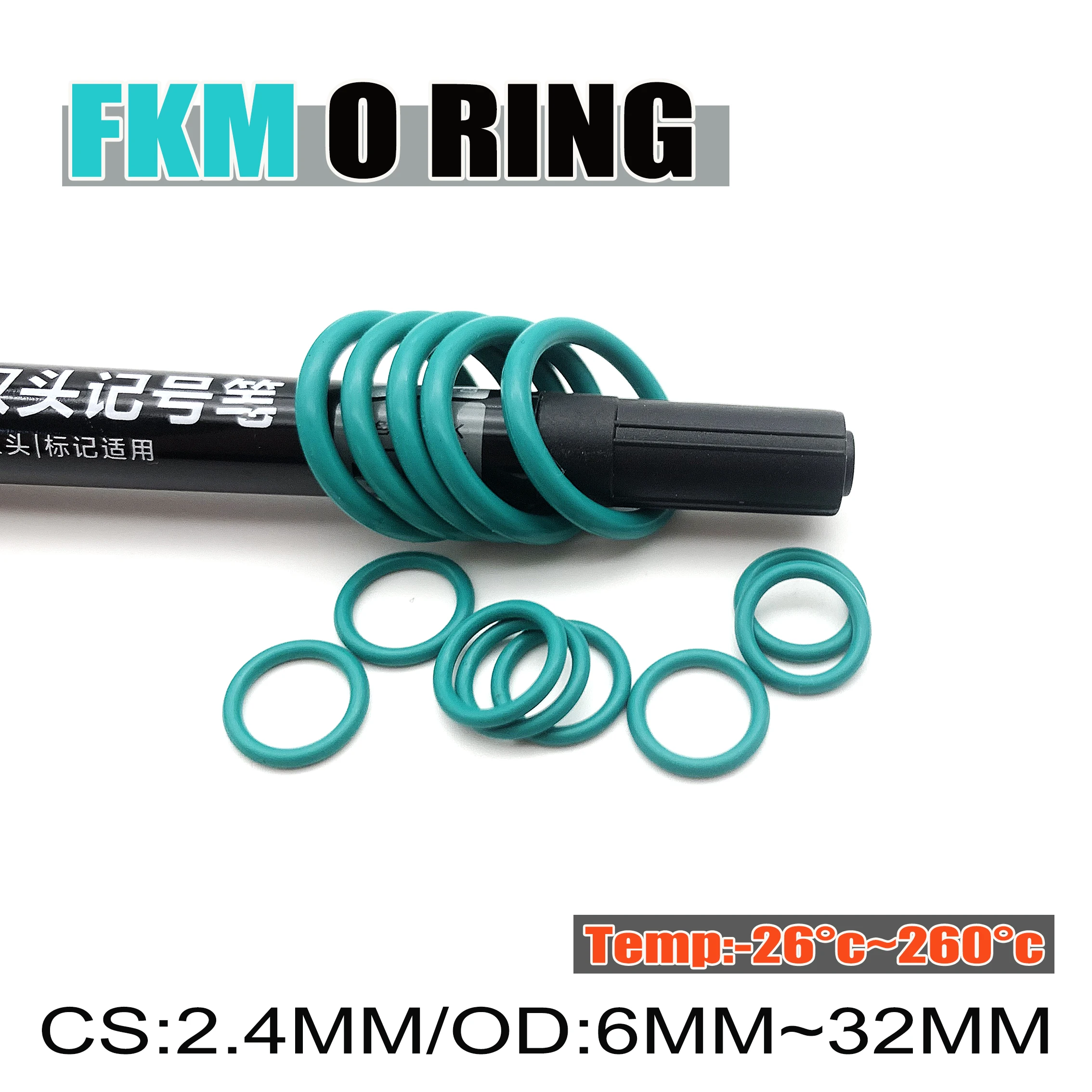 Green FKM O-Ring 10Pcs Assortment CS 2.4mm OD 6mm~32mm Chemical-Proof Oil-Resistant Seals for Machinery Parts & Industrial Pumps