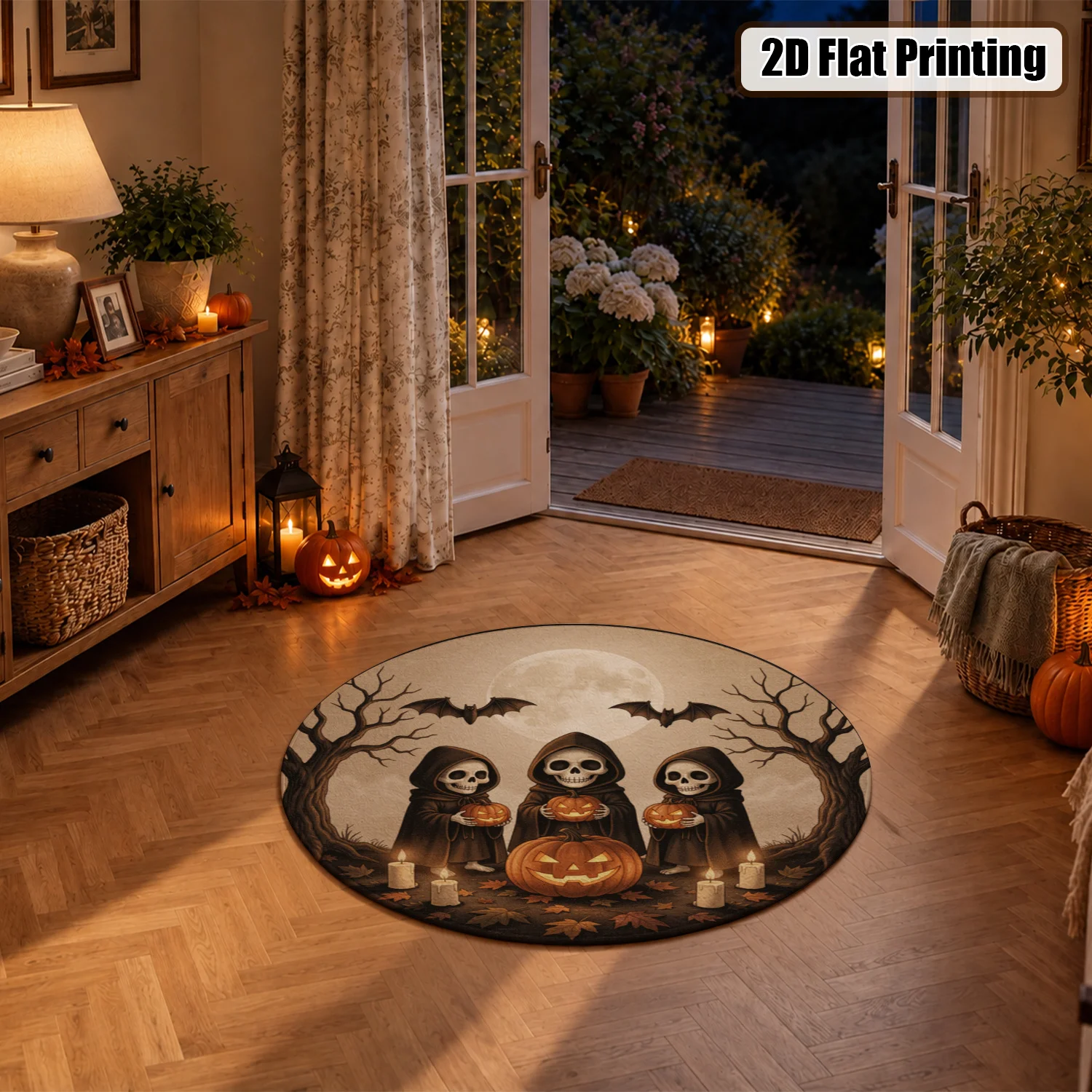 Halloween Autumn Night Skull Reaper Jack-o-Lantern Bat Round Floor Mat Soft Velvet Machine Washable Stable Entryway Living Room Bedroom Kitchen Decor for Halloween Thanksgiving Christmas New Year Black Friday Cyber Monday