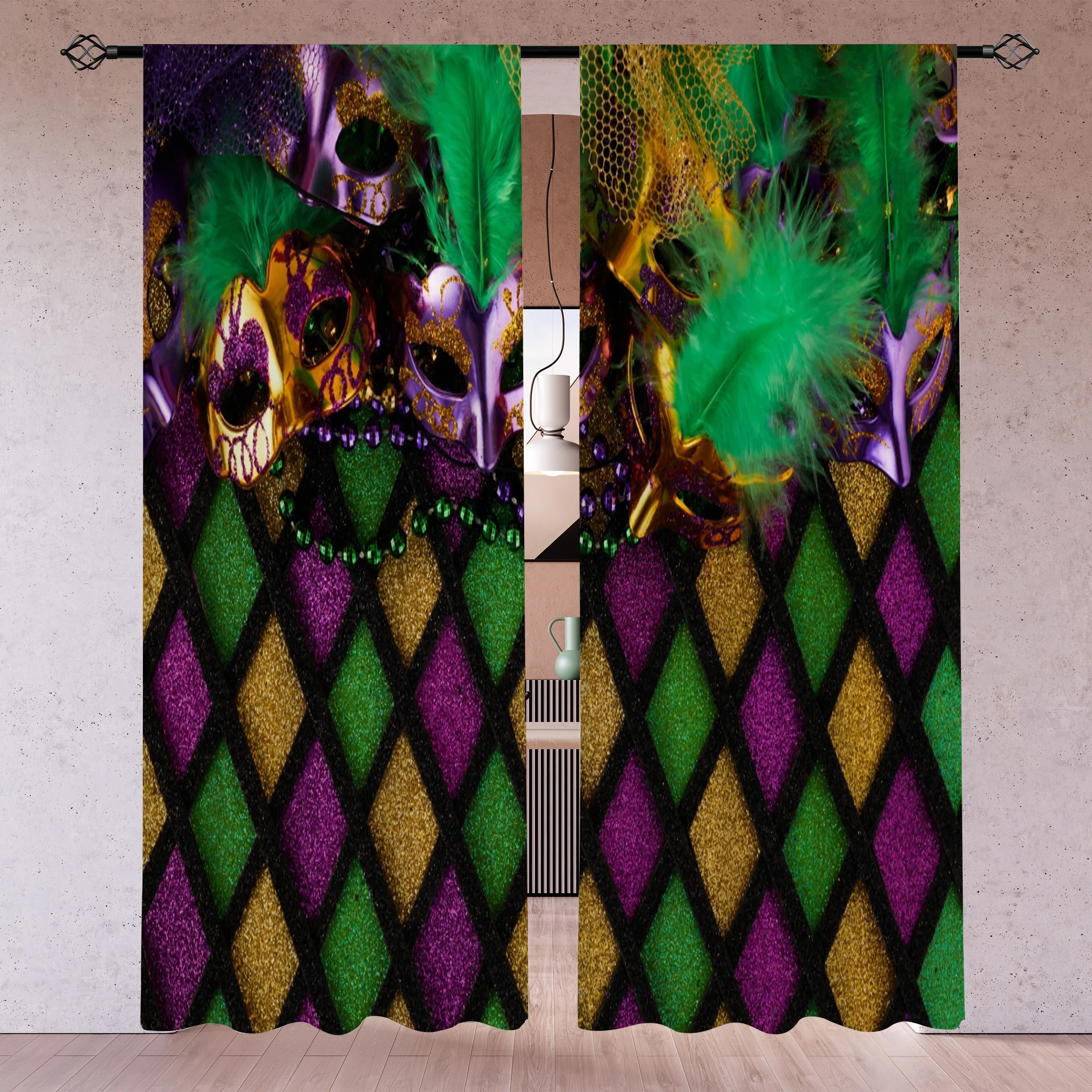Luxury Masquerade Curtain Polyester Drapes Bohemian Glamour Festival Geometric Diamond Pattern Window Treatment Home Decor