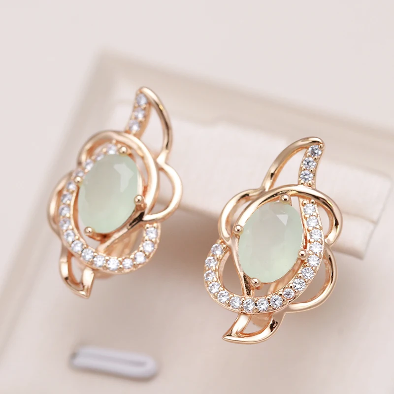 Kinel New Emerald Oval Cut Zircon Earrings 585 Rose Gold Color Clip Earring Inlay Natural Zircon Crystal Flower Party Jewelry