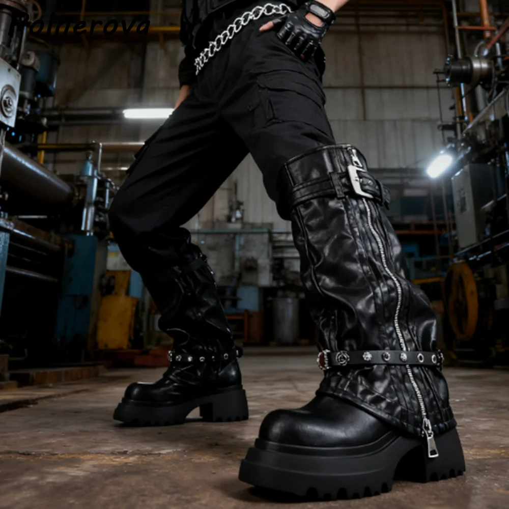 

Black Pleated Leather Rhinestone Boots Round Toe Thick Soled Chunky Heels Side Zipper Knee High Boots Winter Women's Solid Shoes