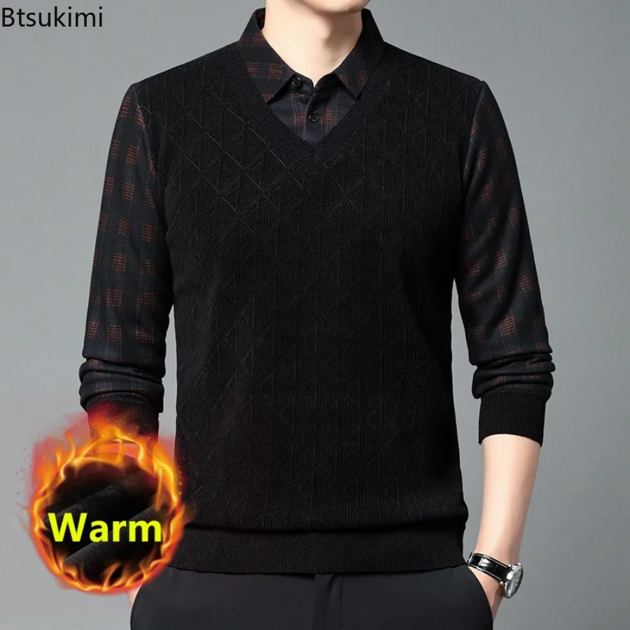 New 2024 Men's Fake Two Piece Sweaters Trendy Business Casual Plus Velvet Thicker Warm Knit Pullover Man Jacquard Bottoming Tops