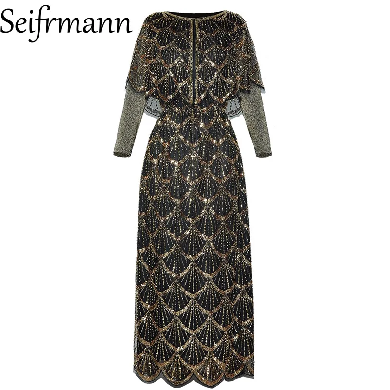 Seifrmann Pailletten-Nagelperlen-Umhang, langärmelig, elastische Taille, gefälschtes zweiteiliges Kleid, 2025, Herbst, neuer Artikel
