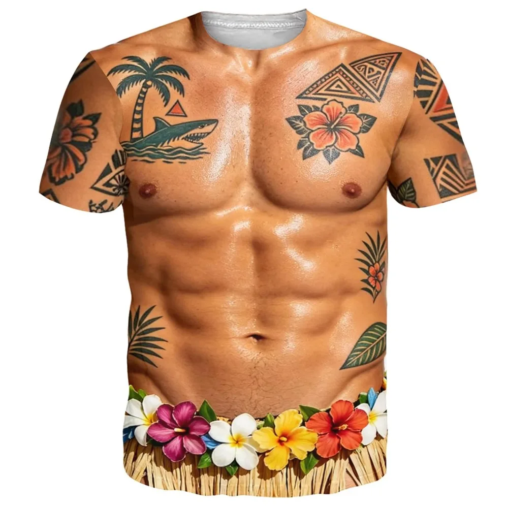Novelty 3D Illusion Fake Body Print T‑Shirt Funny Hairy Chest Muscle Suit Graphic Short‑Sleeve Unisex Holiday Party Casual Tees