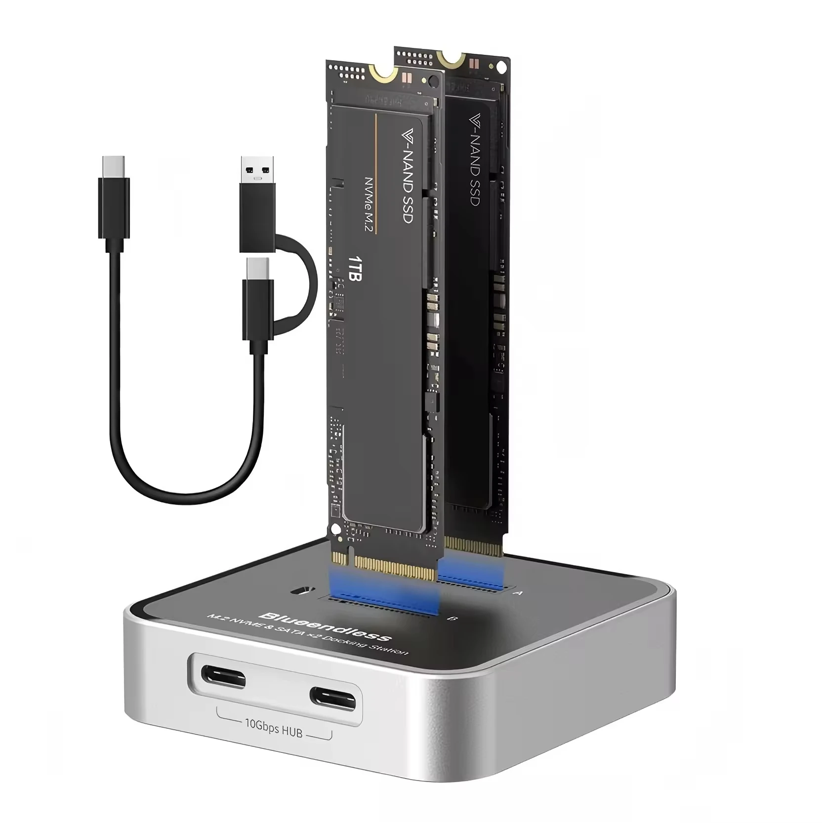 

Blueendless Dual-Bay M.2 NVMe / SATA Protocol SSD Docking Station 10Gbps External SSD Enclosure with USB C Hub