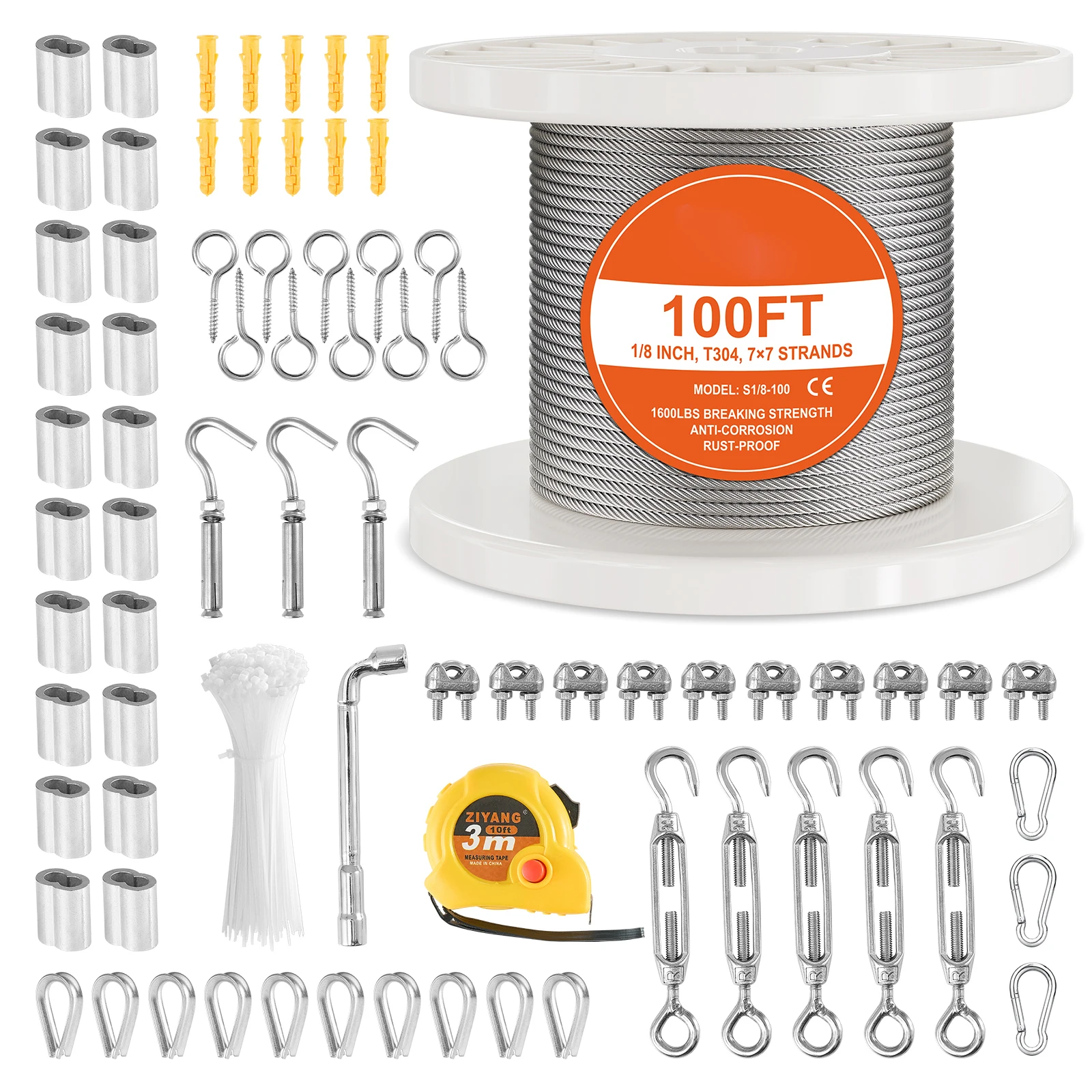 SucceBuy 30M Kit fune metallica in acciaio 1600 libbre Cavo da giardino resistente Balcone Ringhiera Recinzione fattoria Tenda Rotolo per corrimano Scala