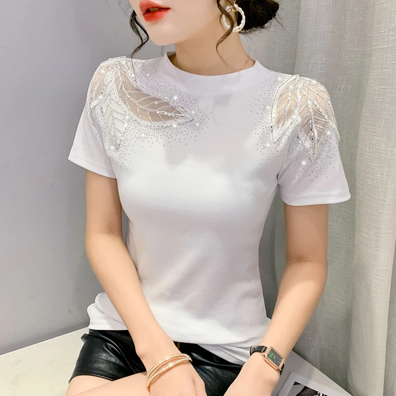 Cseta de Manga Corta con Cuello Redondo y Ajuste Entallado para Mujer, Diseño Hueco con Encaje y Adornos de Diamantes, Nov...