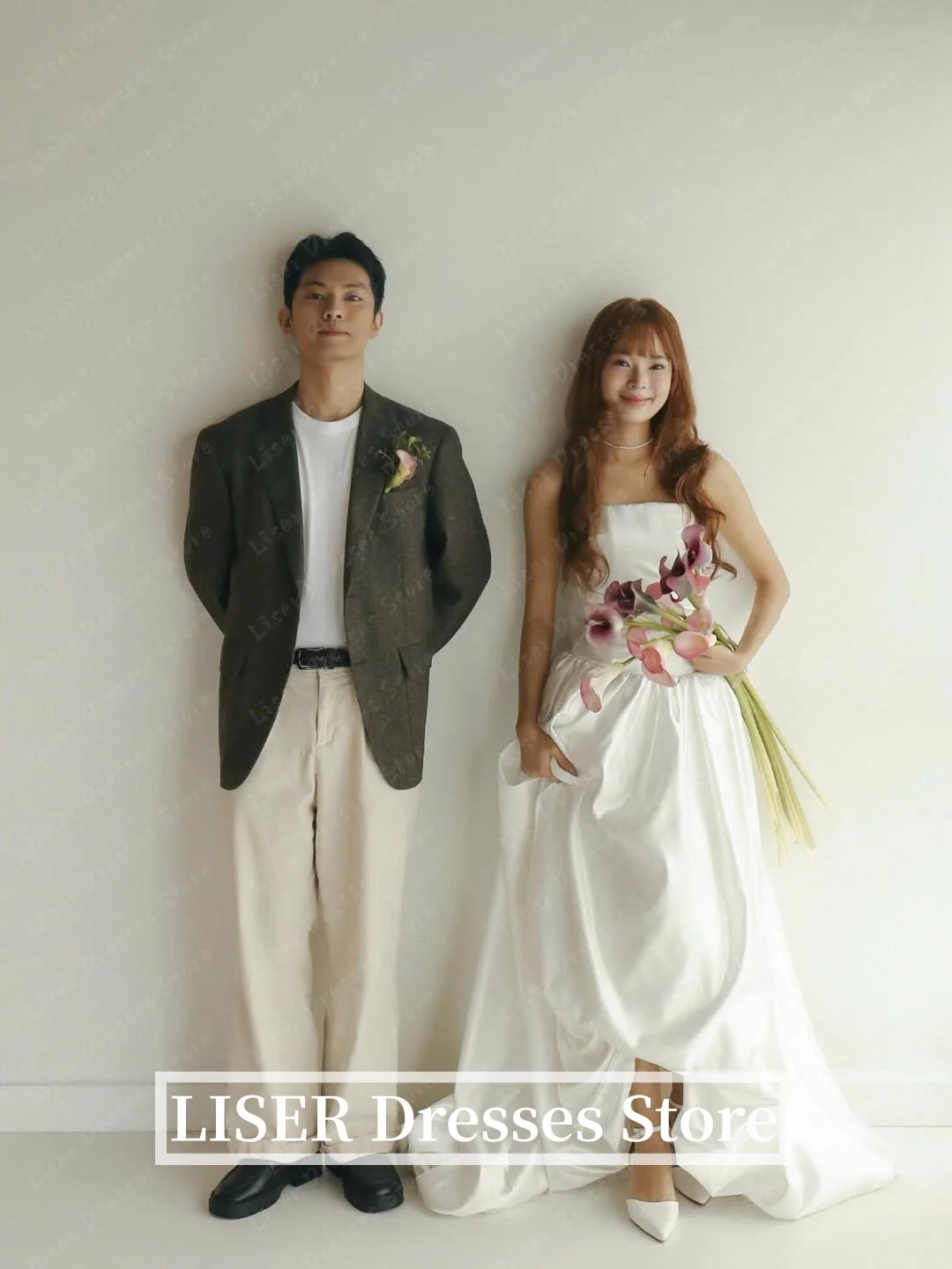 

Liser Strapless Korea Wedding Dresses A-Line Formal Dresses Satin Silk Photo Shoot Bridal Dresses for Wedding Customized 웨딩드레스