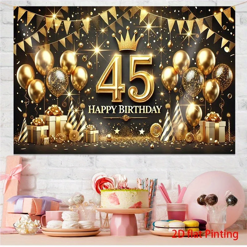 1 Stück übergroßer, gold-schwarzer Geburtstags-Hintergrund mit der Zahl 45 als Mittelstück – elegante, große Ballonbogen-Dekoration – 45. Geburtstag – Detail 2