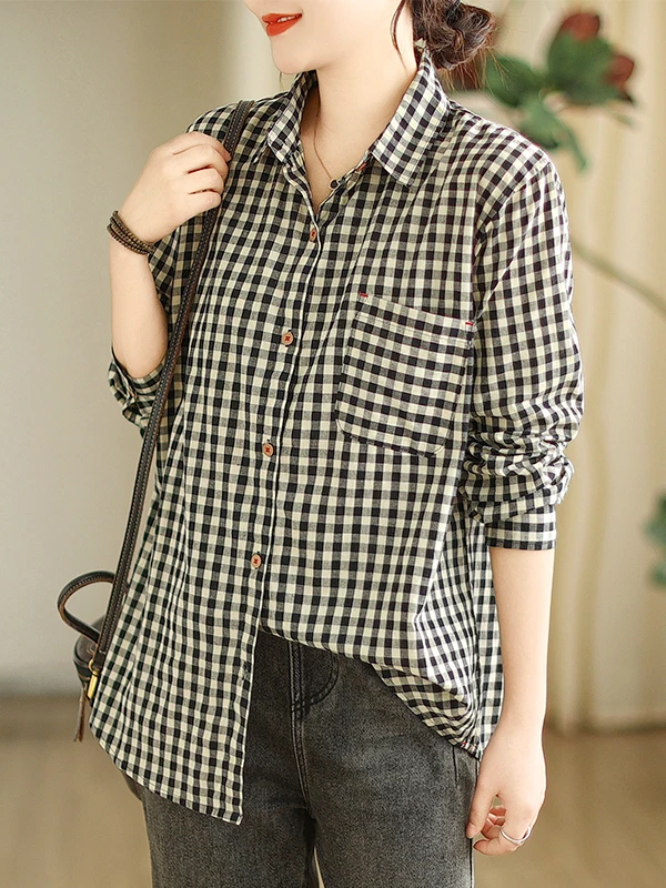 

Удобная свободная женская рубашка с длинным рукавом, тонкая, в клетку, в корейском стиле, для весны и осени, свободного кроя