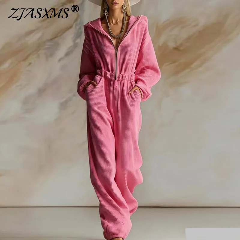 

2026 Spring Casual Half Zip Hooded Jumpsuit Elegant Solid Ribbed Slim Rompers Vintage Wide Leg Pant Streetwear Overalls Harajuku