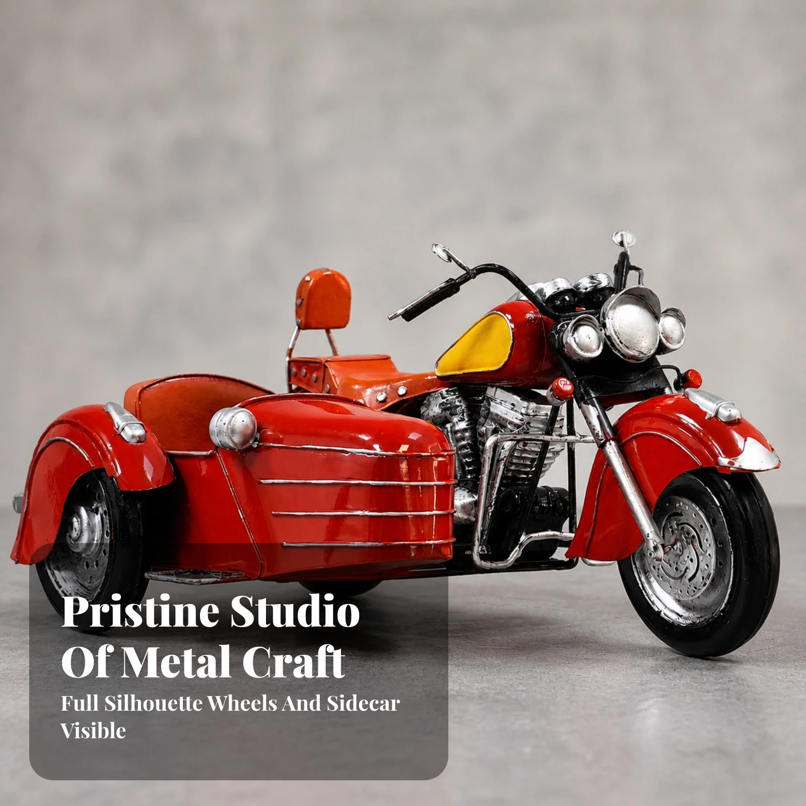 Handcrafted Metal Motorcycle Sidecar Display Piece with Detailed Engine Components for Home Office Decor