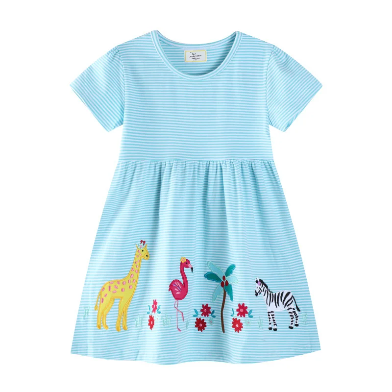 

Jumping Meters Cotton Princess Animals Embroidery Striped Girls Summer Dress 2-7T Cute Fashion Children's Clothing