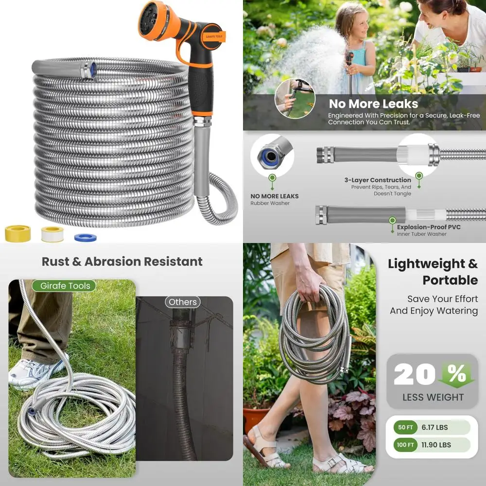 

Stainless Steel 100ft 3/4 Inch No-Kink Garden Hose with 9-Pattern Spray Nozzle and Long-Lasting Durability
