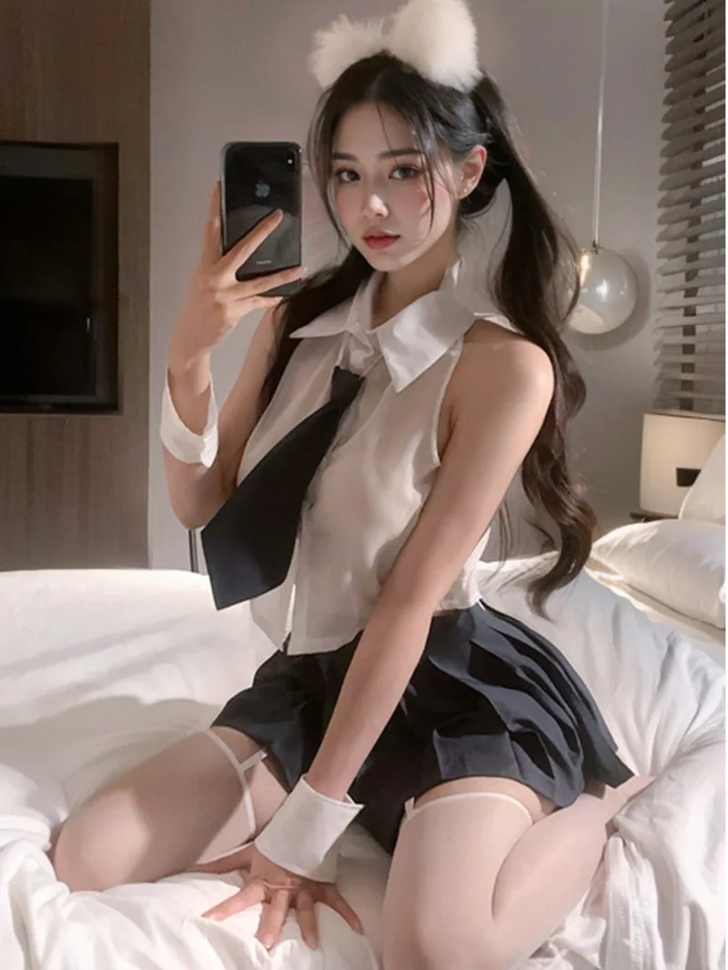 Exotic Summer Fashion Womens Clothing Perspective Sweet Cute College Style Suit Tie Decoration Hundred Fold Short Skirt Set 7E2I