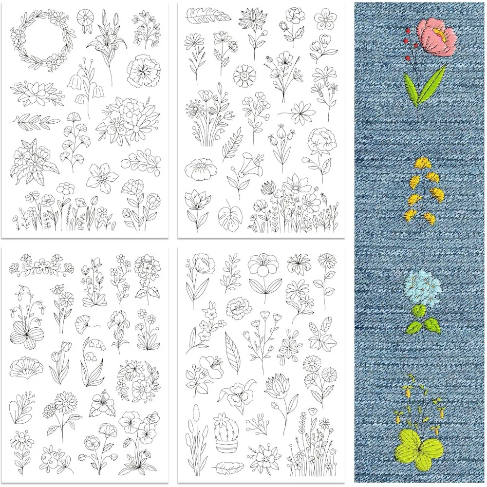 Water Soluble Embroidery Patterns for Beginners 4 Sheets with 77pcs Wildflower Patterns Charming Flowers Wash making kit