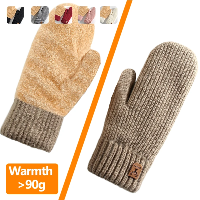 

Thermal Knit Glives Winter Double Layer Fleece Lined Mittens for Motorcycle Ski Unisex Ribbed Pattern