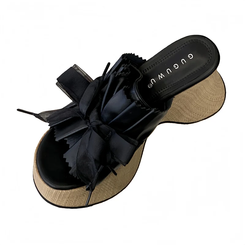 

Silver Heels Slippers Black Sandals Platform Wedges Heels For Woman Bow Beach Shoes Summer Chunky Shoes 2026 Trend